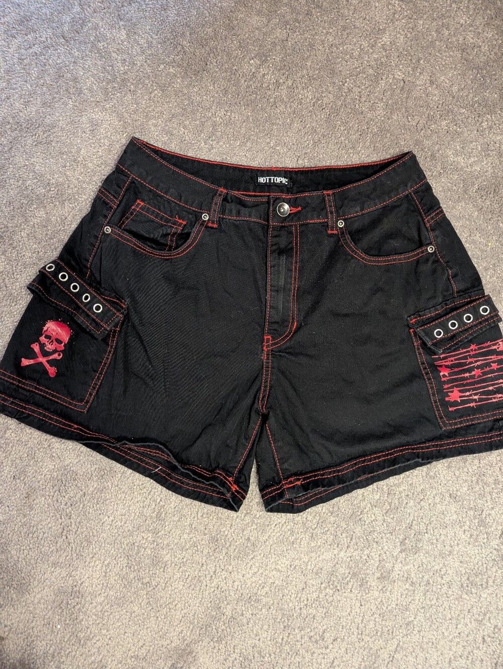 Hot Topic Punk Black Cargo Shorts with Red Details